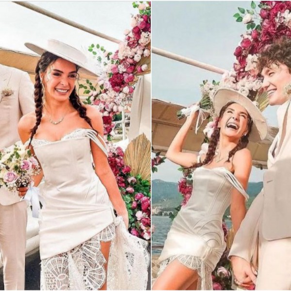 Ебру со шешир и краток фустан што се влече, Џади Осман во бело одело и патики: Турскиот пар со уникатни комбинации на свадбата (ФОТО)